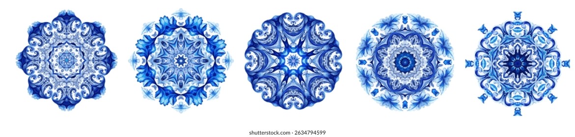 Round Watercolor Floral Frame in Indigo Colors. Can be used as decal, design for tiles, fabric, interior. Capri Majolica color frame 