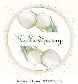 Round watercolor flower frame made of gold with realistic white tulips. Vector illustration. Design template for greeting cards, wedding invitations, birthday, celebration.