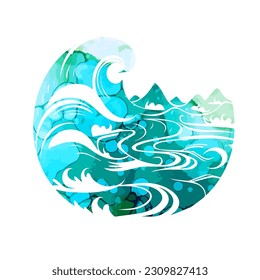 Round watercolor object sea. Vector illustration