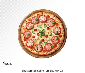 Round watercolor pizza with tomatoes and cheese, hand-painted in warm tones, ideal for Italian food design and fast food illustration. Vector illustration