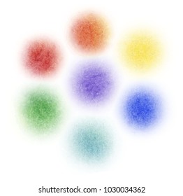 round watercolor stains with blurred edges of seven colors - red, orange, yellow, green, light, two shades of blue and violet on a white background, vector