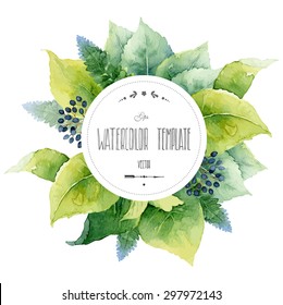 Round Watercolor Template With Green Leaves And Circular Place For Text. Vector Illustration