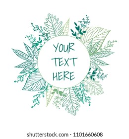 Round Watercolor Template with Leaves and circular place for text. Vector illustration.