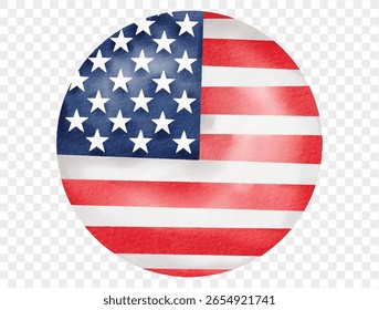 Round watercolor USA flag icon, symbolizing unity and national pride for July 4th vector.