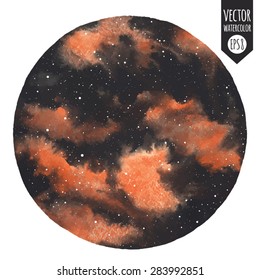 Round watercolor vector night sky with stars and orange stains. Circle shape. Fantastic cosmic background. Galaxy or universe hand drawn illustration. Stars are removable.