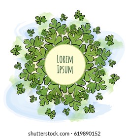 Round watercolor vector template with green leaves and circular place for text. Vector illustration. May be part of company identity.