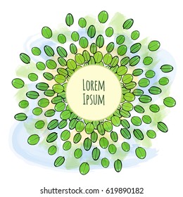 Round watercolor vector template with green leaves and circular place for text. Vector illustration. May be part of company identity.