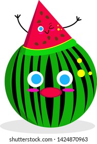 round watermelon with black stripes patterns and a ripe triangular cut piece pleasantly winking concept of summer and fruit