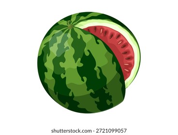 Melancia redonda com uma fatia recortada. Suculenta fruta de verão isolada sobre um fundo branco.
