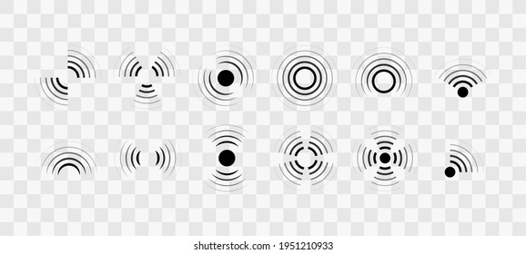 Round wave icon collection. Sound waves, vibration signs. Sonar or radar. Radio waves. Vector isolated on transparent background