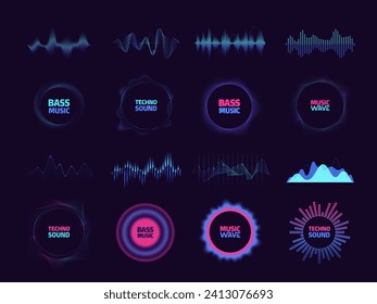 Round waveform. Circular vibration music tune, pulse beat and frequency spectrum, music studio background. Vector isolated set of vibration music waveform illustration