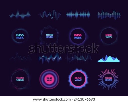 Round waveform. Circular vibration music tune, pulse beat and frequency spectrum, music studio background. Vector isolated set of vibration music waveform illustration