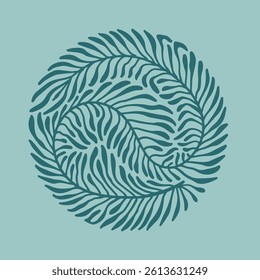 Round wavy and groovy naive date palm leaf composition, boho plant, floral botanic hand drawn design template, vintage wall art print. Tropic summer decor. Flat vector illustration.