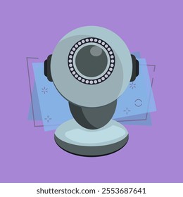 Round web camera on stand. Modern device for video conferencing. Can be used for topics like online communication, computer, technology
