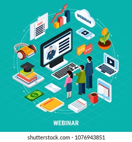 Round Webinar isometric composition with isolated elements of study and e learning vector illustration