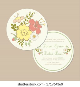 Round wedding invitation card with beautiful hand drawn floral element.