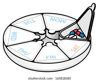 A round weekly medication/pill box marked with day names. Shown with one compartment opened with pills inside.
