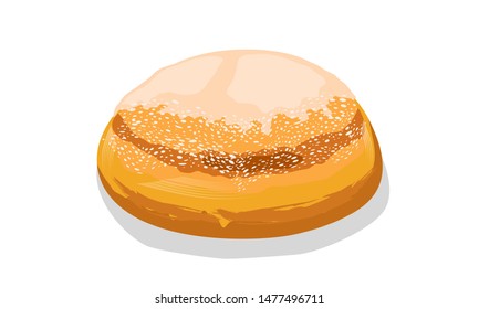Round wheat loaf of bread with crackling crust and topping. Baked cereal rustic product. Big soft and fluffy dinner roll. Cartoon vector illustration isolated on white for recipe, menu, packing.