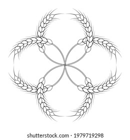 Round wheat wreath and ornament. Black and white outline. Design template for packaging, labels, prints and other ideas. Vector illustration and drawing.
