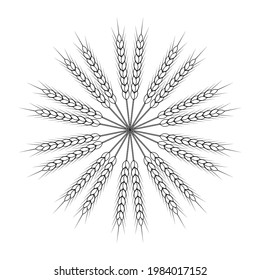 Round wheat wreath and ornament. Black and white outline. Design template for packaging, labels, prints and other ideas. Vector illustration and drawing.