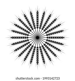 Round wheat wreath and ornament. Black and white silhouette. Design template for packaging, labels, prints and other ideas. Vector illustration and drawing.