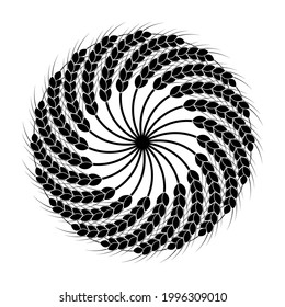 Round wheat wreath and ornament. Black and white silhouette. Design template for packaging, labels, prints and other ideas. Vector illustration and drawing.