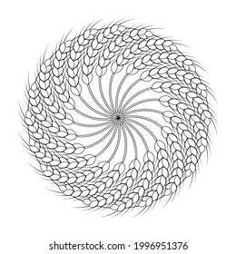 Round wheat wreath and ornament. Black and white outline. Design template for packaging, labels, prints and other ideas. Vector illustration and drawing.