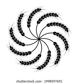 Round wheat wreath and ornament. Black and white silhouette. Design template for packaging, labels, prints and other ideas. Vector illustration and drawing.