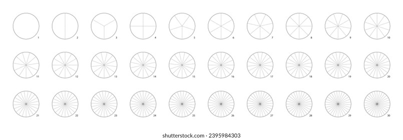 Rueda redonda dividida en segmentos. Diagrama circular de división en partes. Recorte de anillo como ilustración de vector simple de piechart. Presentación del tamaño de la pizzería