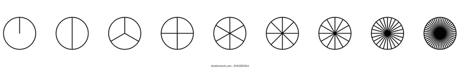 Round wheel divided into segments. Segmented charts. Set of pizza, pie chart template. Collection of segments infographic. Diagram wheel parts. Outline black thin graphics