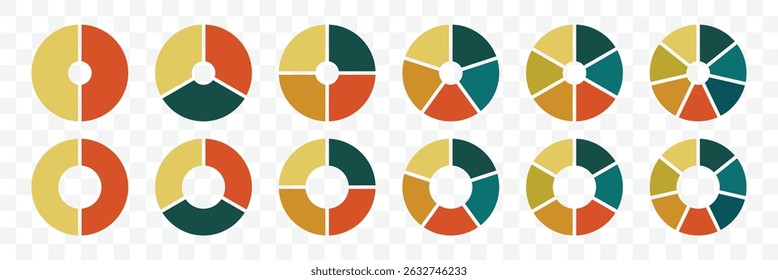 Round wheel divided into segments. Colorful pie and donut chart collection. Pie charts diagram. Segmented circle icons for infographic, data analysis, web design, ui, presentation. Vector illustration