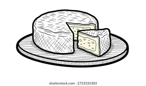 Rueda redonda de queso brie suave o camembert con una sola cuña eliminada que se muestra en una ilustración rústica de tablero de madera.