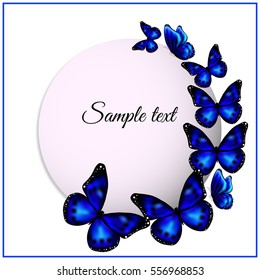 Round white banner with blue butterflies and a place for an inscription.