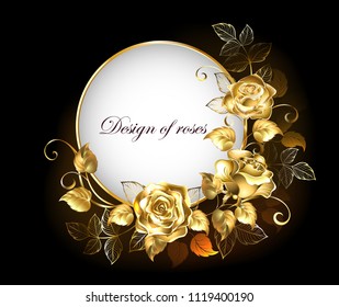 Round, white banner with gold, jewelry roses on black background.
 svg