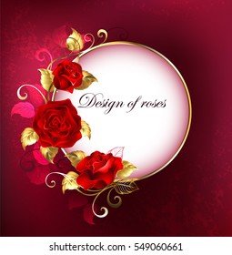 Round white banner with red roses and golden leaves on red textural background.