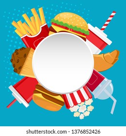 Round white banner for your text with fast food and drink on blue background. Vector illustration