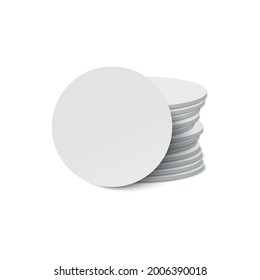 Round white beer cup coasters. Realistic cardboard beer mats, protection mug holders in stack and single. Blank mockup for place advertisement. Vector 3d isolated illustration.