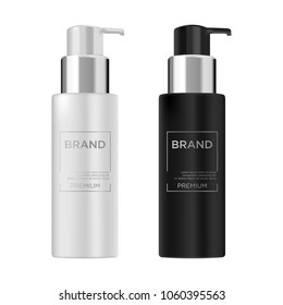 Round white and black glossy plastic bottle with dispenser for 
liquid soap, shampoo, shower gel, lotion, body milk. 
Realistic packaging mockup template. Side view. 
Vector illustration.