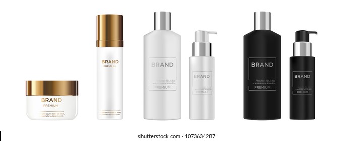 Round white, black, gold, grey and silver plastic bottle set with dispenser for 
liquid soap, lotion, shampoo, shower gel, lotion, body milk. 
Realistic packaging mockup template. Side view. With gold