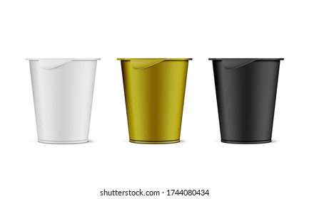 Round White, Black And Gold Plastic Pot With Foil Cover Cup For Dairy Products, Yogurt, Cream. EPS10 Vector