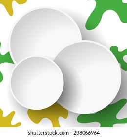 Round white blank frames with shadow. Vector background with yellow and green blobs. Can be used for flyer, card, banner, invitation, brochure cover design template. 