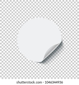 Round white blank sticker with curled edge isolated on transparent background. Vector design element.