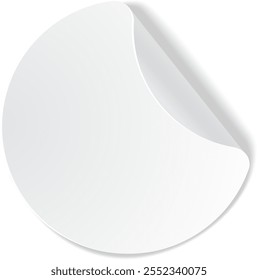 Round white blank sticker with a folded corner peeling upwards, creating a three dimensional effect, perfect for showcasing designs or messages