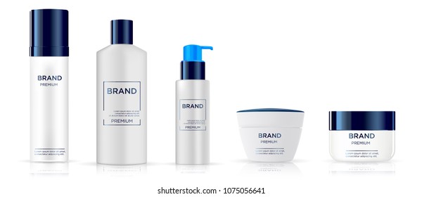 Round white, blue and silver plastic bottle set with dispenser for 
liquid soap, lotion, shampoo, shower gel, lotion, body milk. 
Realistic packaging mockup template. Side view. With gold and silver l