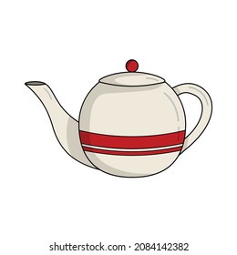 Round white ceramic tea pot with red stripe