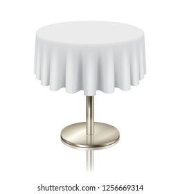 Round white clean table, restaurant round table with white tablecloth isolated. furniture for cafe or public place interior, vector illustration