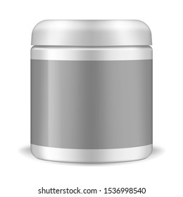 Round white cosmetic jar with lid and blank label, realistic mockup illustration. Skin care cream, hair mask or other beauty product packaging container with screw cap, vector template.