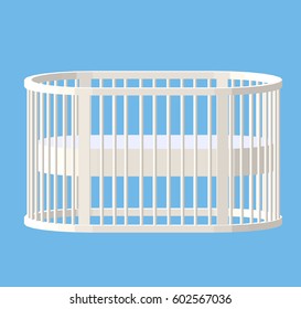 Round white cot. Baby Crib. Modern nurse design. Vector illustration isolated