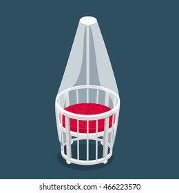round white cot on wheels with canopy, vector illustration, isometric