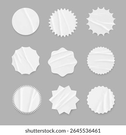 Round white different paper stickers with folds. Isolated labels with crumpled glued texture,sticky notes.Vector set of circle notes, price tags with wrinkled surface